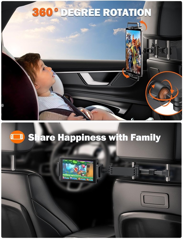 Tryone Car Headrest Tablet Holder Mount Stretchable Backseat Tablets Black