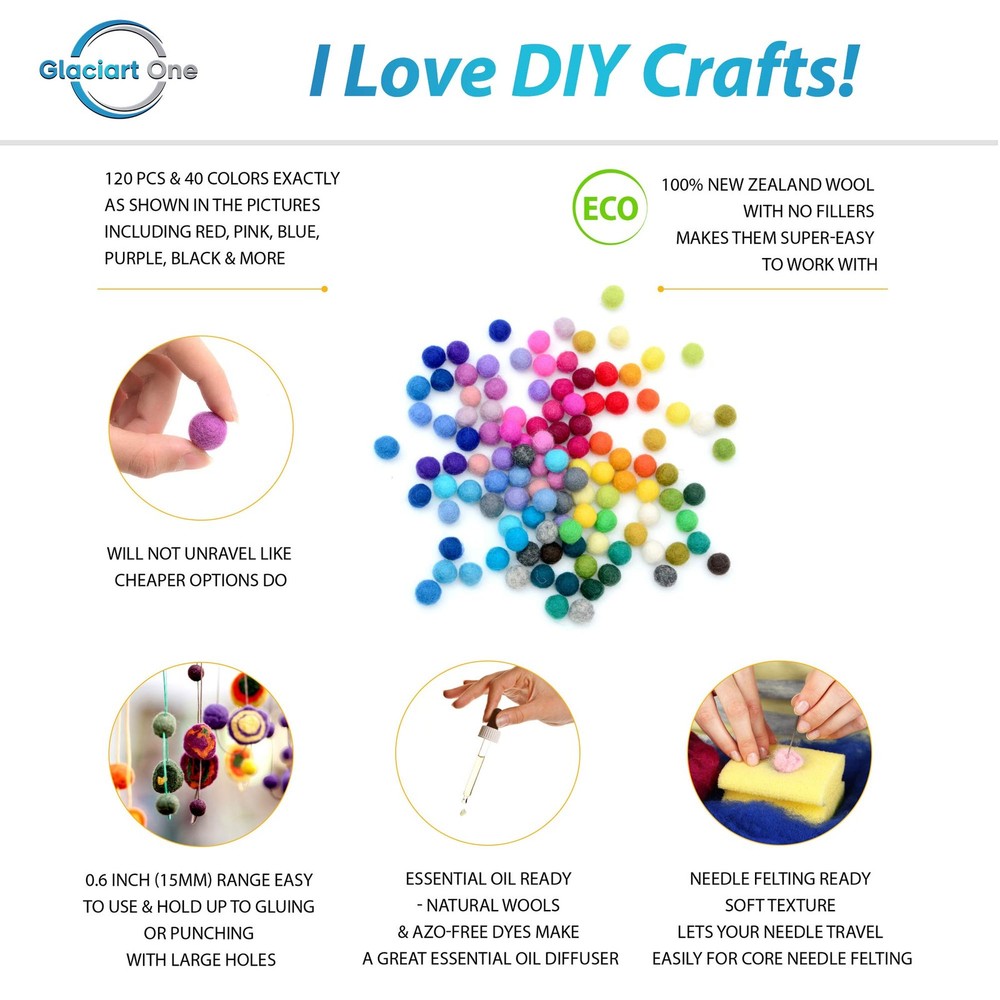 Glaciart One Wool Felt Balls, Pom Balls (120 120pcs, Multicolor