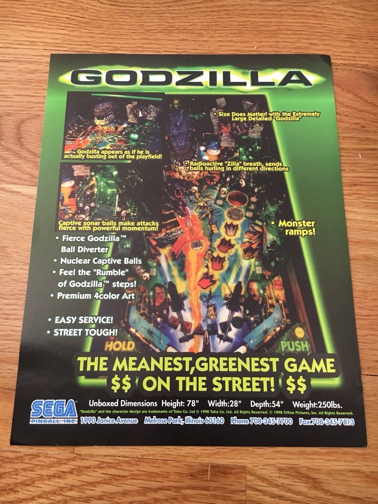 Sega Godzilla Pinball Machine Flyer, 1998 NOS