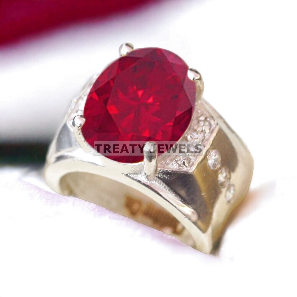 Ruby Oval Cut Gemstone With 14K Solid White Gold Ring For Men's #A520