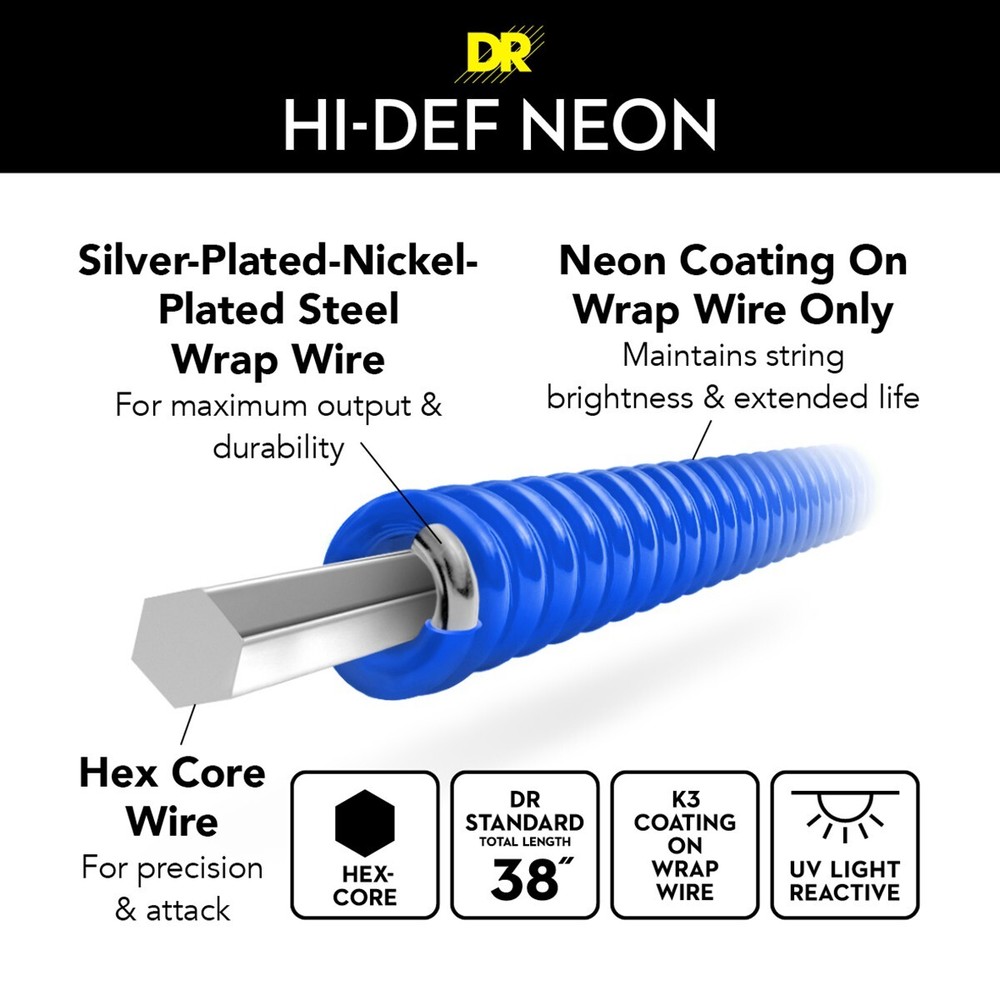 DR Strings HI-DEF NEON BLUE Electric Guitar Strings: Light to Medium 9-46