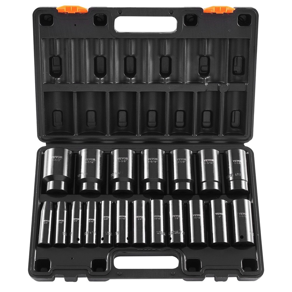 High-Torque 1/2in 19pc Deep Impact Socket Set 6-Point 3/8-1-1/2in Cr-V Case