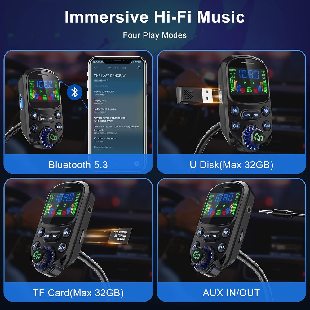 Bluetooth 5.3 FM Transmitter for Car SOARUN Bluetooth Car Adapter PD30W & USB Po