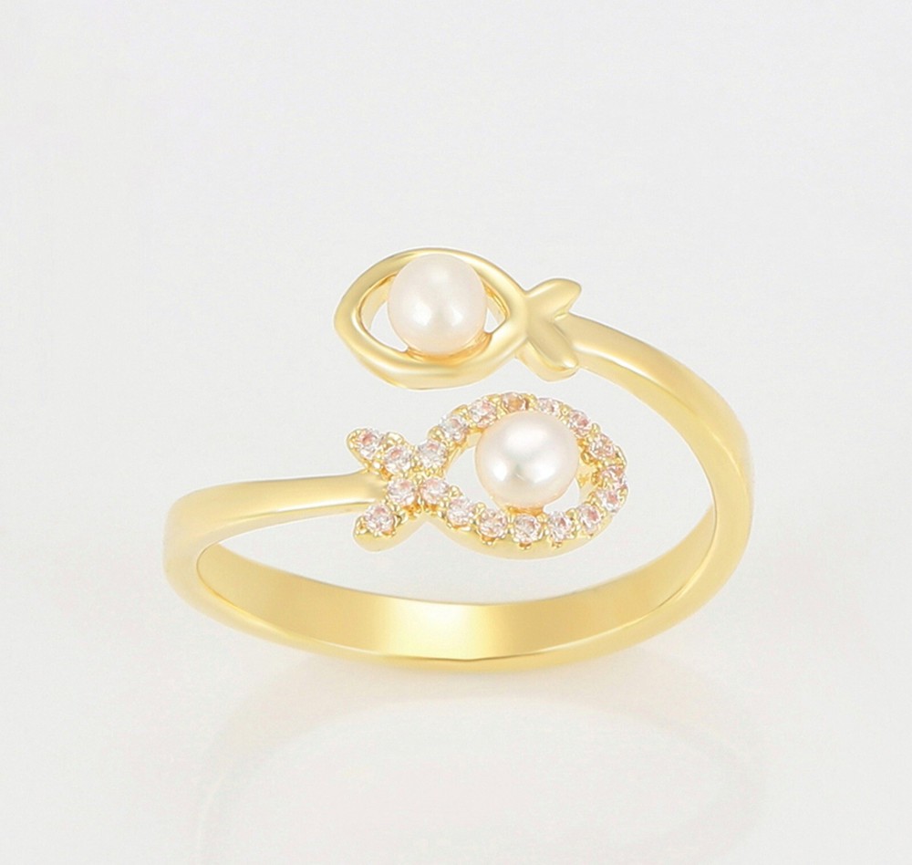 Fish Ring Adjustable Ring 14k Gold Plated CZ Stone