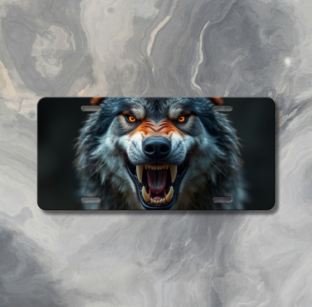 Realistic Wolf License Plate Snarling Design Add Text Front Bumper Plate Special