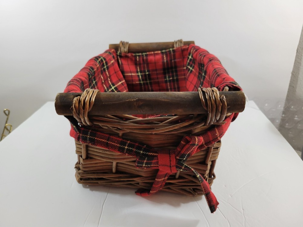 Wicker Basket Red Plaid Liner Rectangle Handles