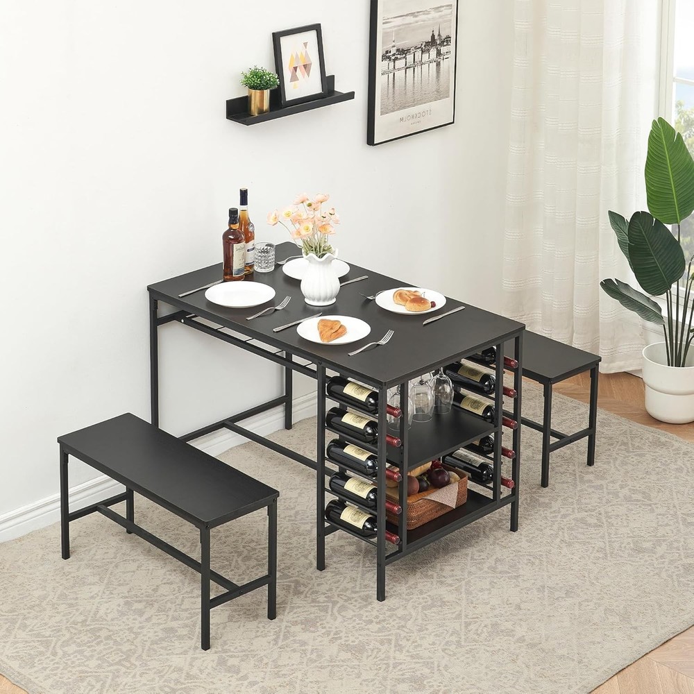 Space-Saving Dining Table Set, Rectangular Table with 2 Benches, Wine Rack&Shelf
