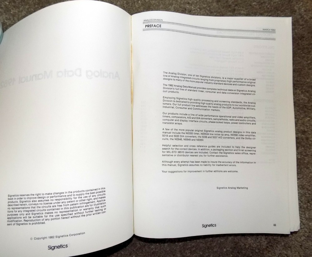 1982 Signetics Analog Data Manual Book Free Shipping