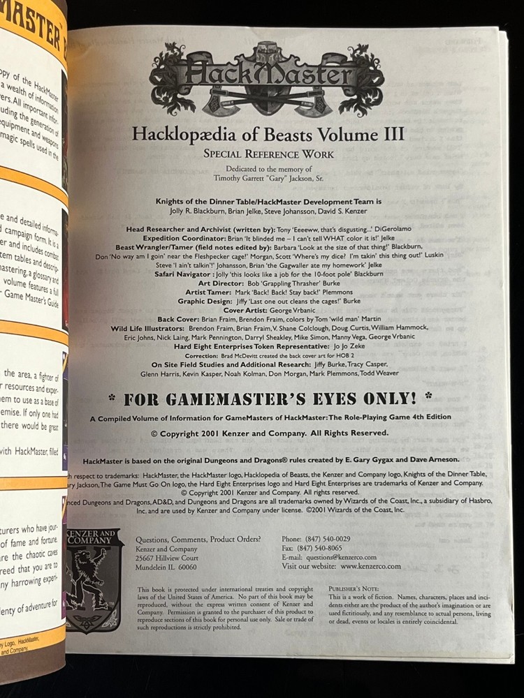 Dungeons Dragons HACKMASTER Player's Handbook Hacklopedia Kenzer Lot Hack Master