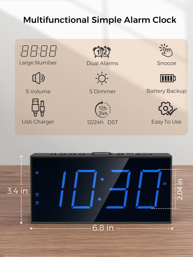 Digital Dual Alarm Clocks for Bedrooms, Large Big With Basic Digits, Blue