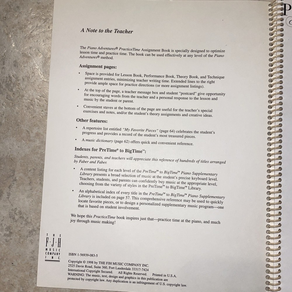 Piano Adventures Practicetime Assignment Book