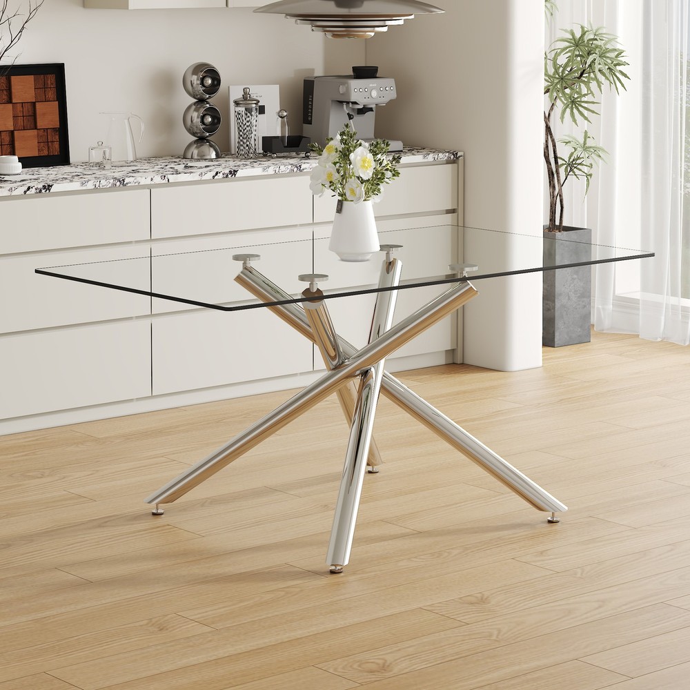 Large Modern Minimalist Rectangular Glass Dining Table with 0.39" Tempered Gla