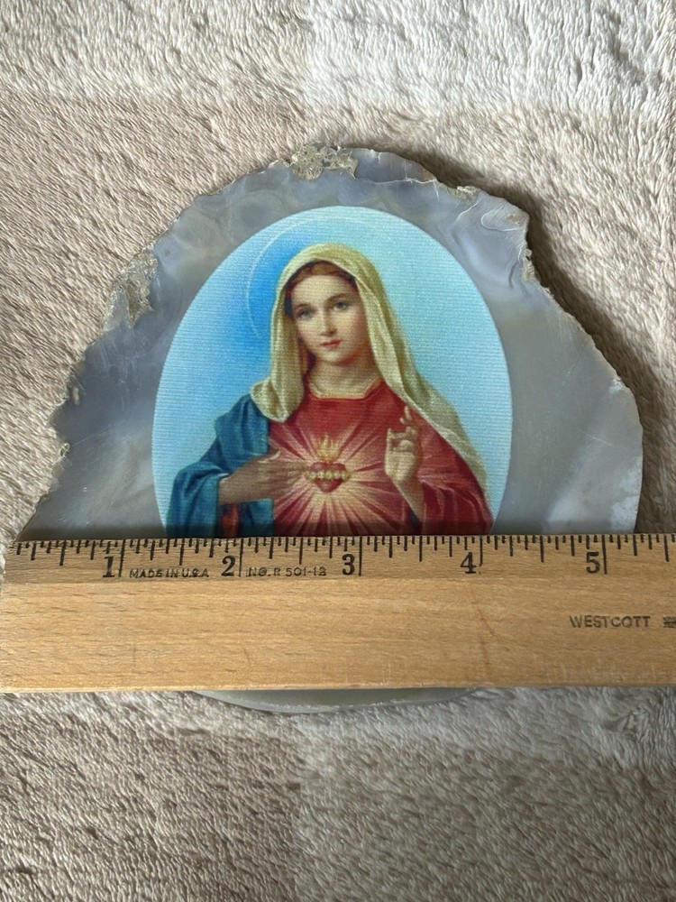 Virgin Mary Screen Print on Agate Geode Slice Polished Display Stone Nice 5”