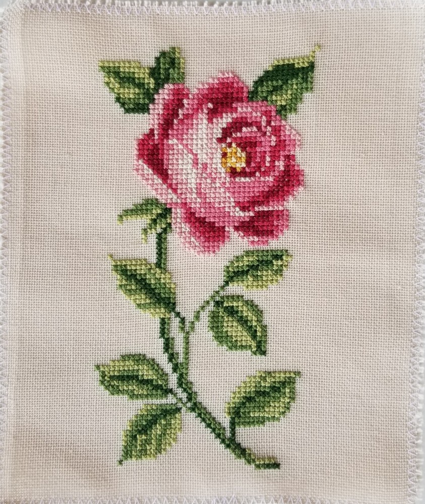 Completed Cross Stitch Pink Rose