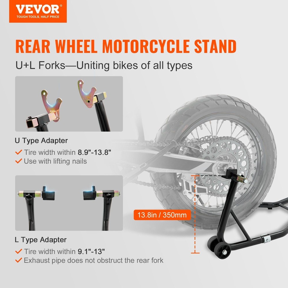 850lb Capacity Universal Motorcycle Rear Stand with U+L Fork Design