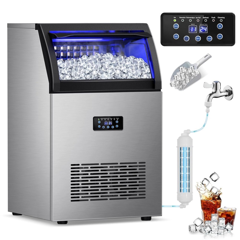 Efficient Stainless Steel Ice Maker, 150Lbs Daily Output, 45Lbs Storage Capacity