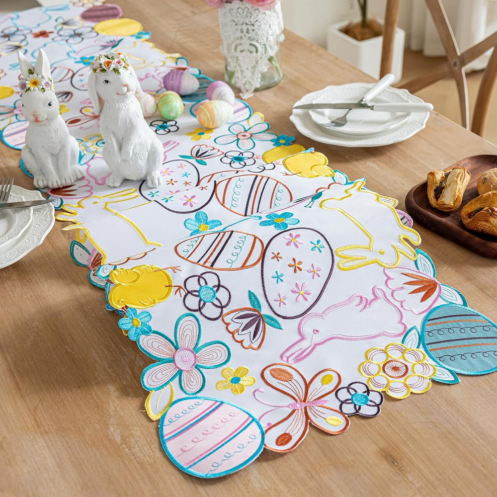 Easter Bunny Eggs Table Runner, Spring Flowers Butterfly Table Runners, Cutwork