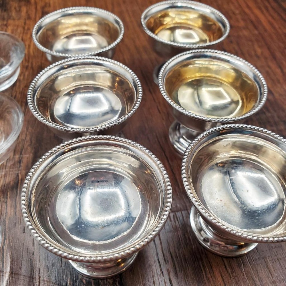 6 Tiny German 800 Silver Personal Salts Bead Edge Salt Cellar 1 3/8"
