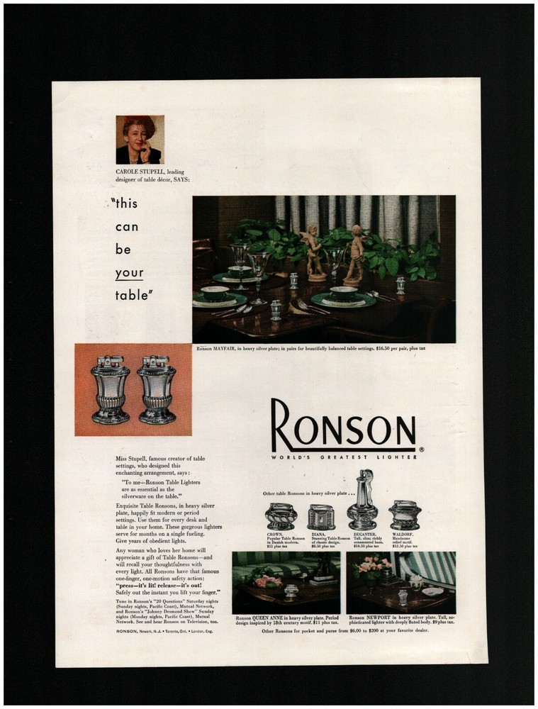 1949 Ronson Lighters Original Print Ad ~ Free Ship ~  Mid Modern