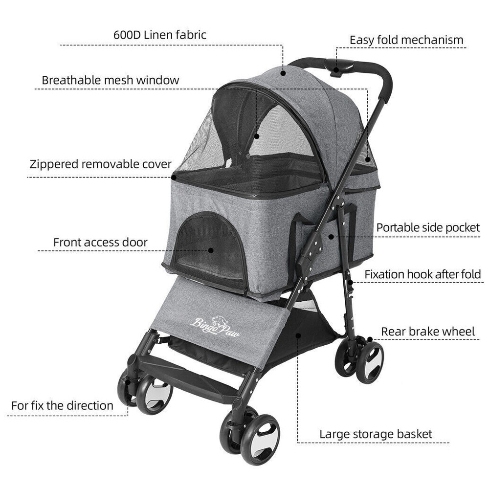Extra Large Foldable Pet Stroller Travel Walk Carrier with Bottom Basket Storage