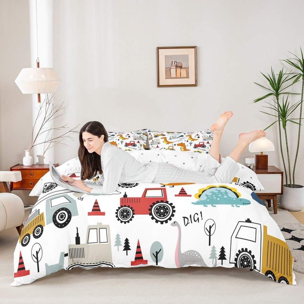 Construction Bedding Set Kids Cartoon Dinosaur Comforter Cover Set ... Fast Ship