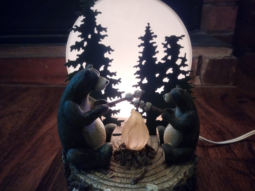 Bears Roasting Marshmallows Campfire Lamp Night Light Trees Moon
