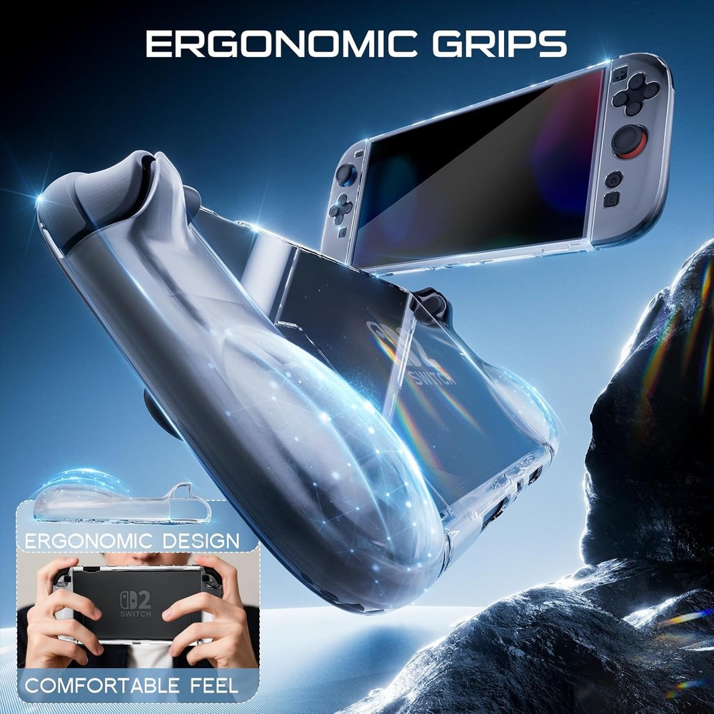 for Switch 2 Dockable Cover TPU Case + Screen Protector + 6 Silicone Thumb Caps