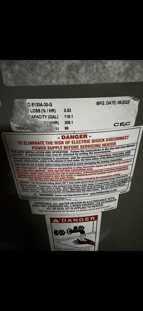 RHEEM ASME 120 Gallon E120A-30-G 30KW Commercial Electric Water Heater 208V-480V