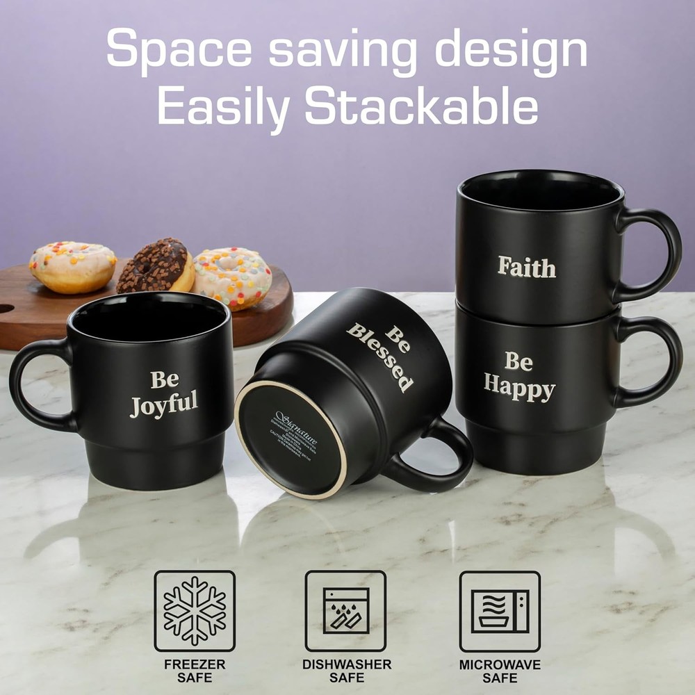 Set of 4 Stackable 15 oz Coffee Mugs with Rack Black