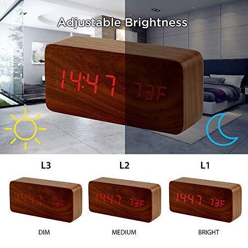 Wooden Digital Alarm Clock, Multi-Function Smart Alarm Clock, LED Light Brown