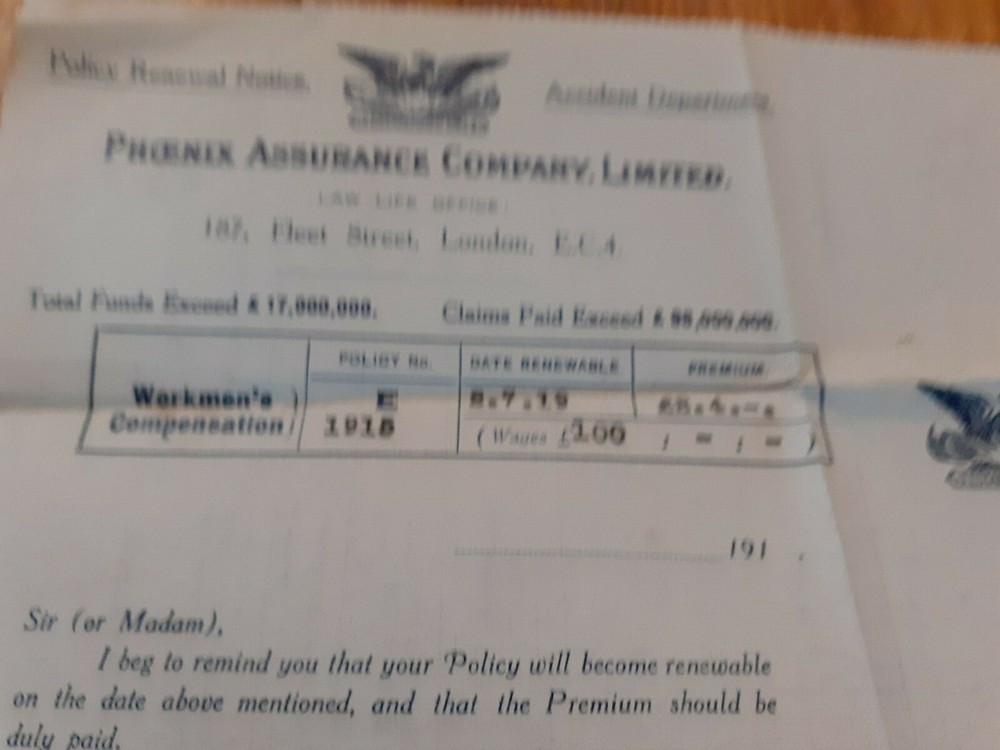 1919 letterhead Phoenix Assurance Company Workmen's Compensation
