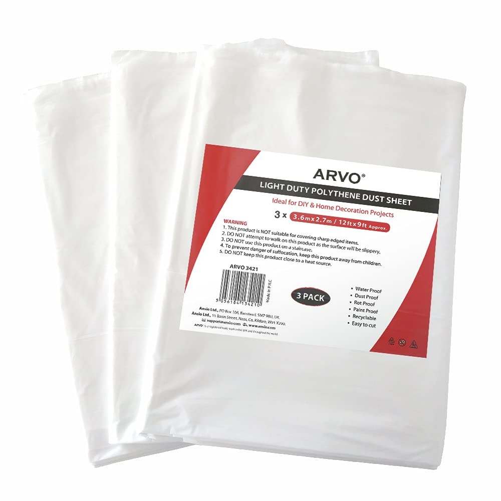 3 Pack Extra Large Plastic Dust Sheets for Decorating - 3.6m x 2.75m (12ft x ...