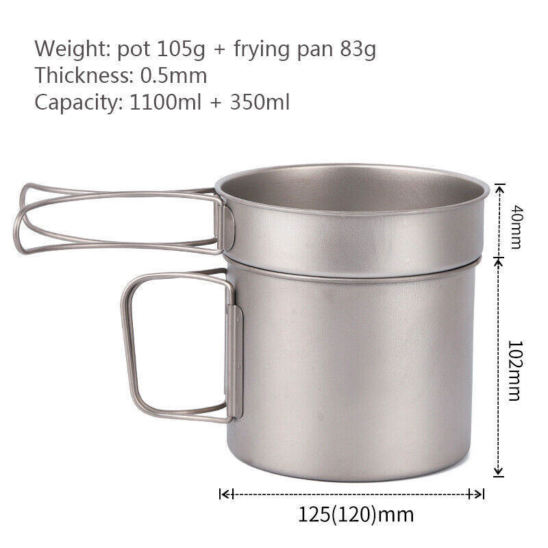 Ultralight Titanium Pan Outdoor Cookware Camping Pot Folding Tableware 1100ML