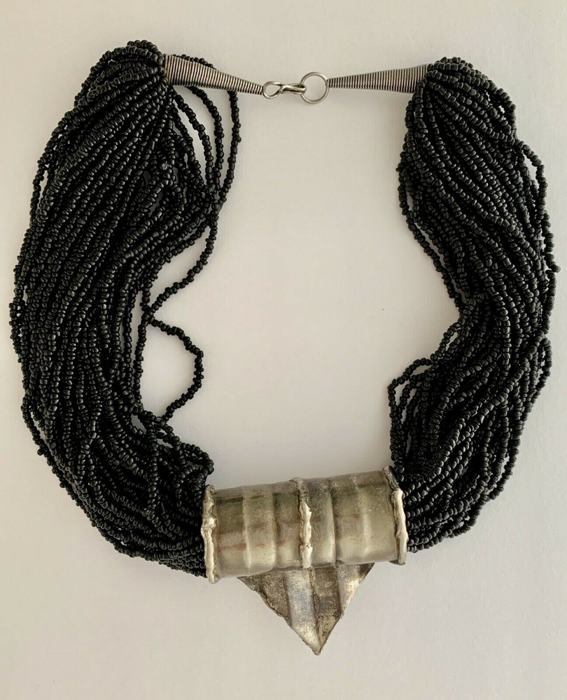 Black Multi-strand Beaded Necklace Silver Embellishment Vintage Artisan BoHo