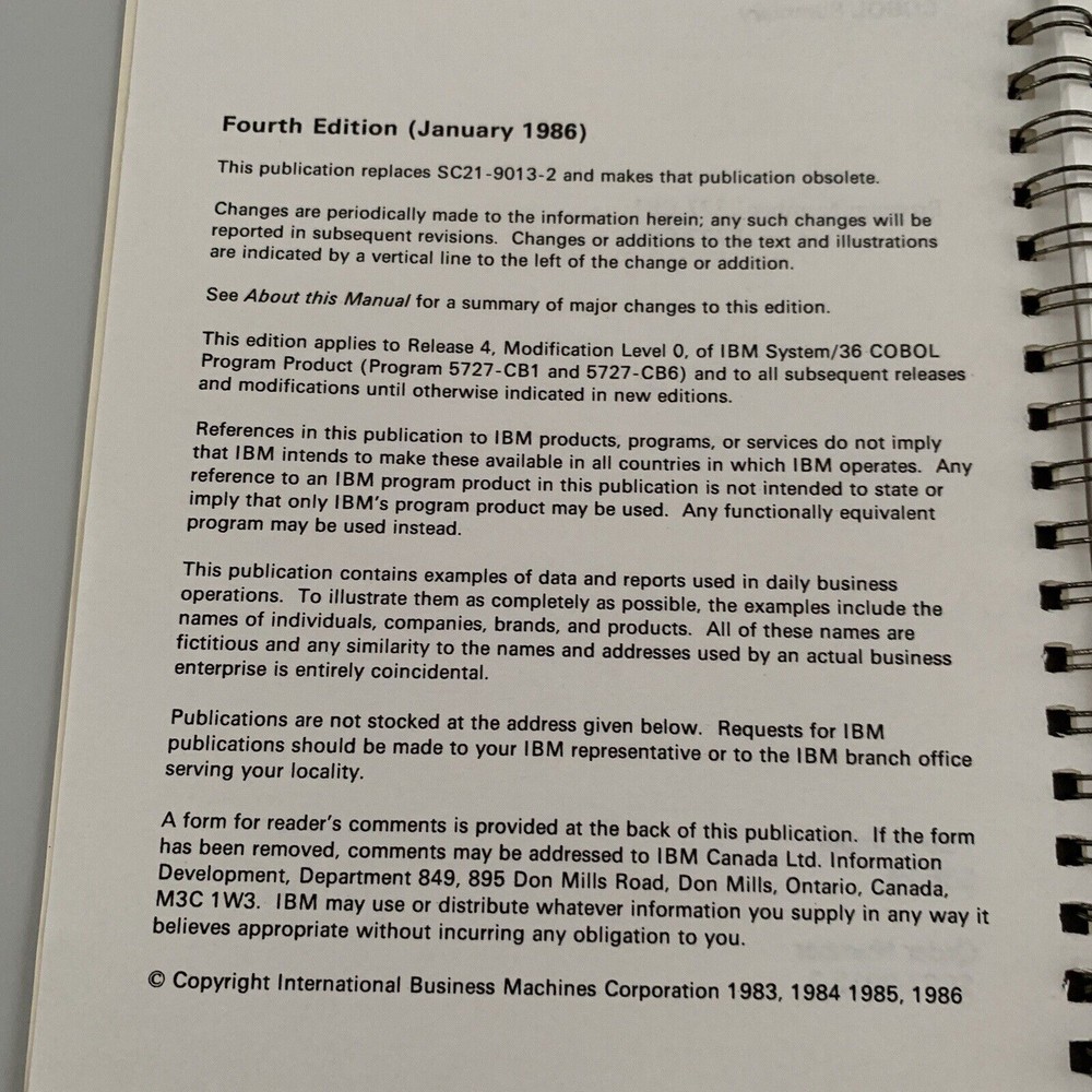 IBM System/36 COBOL Summary Manual VTG 1986 Fourth Edition