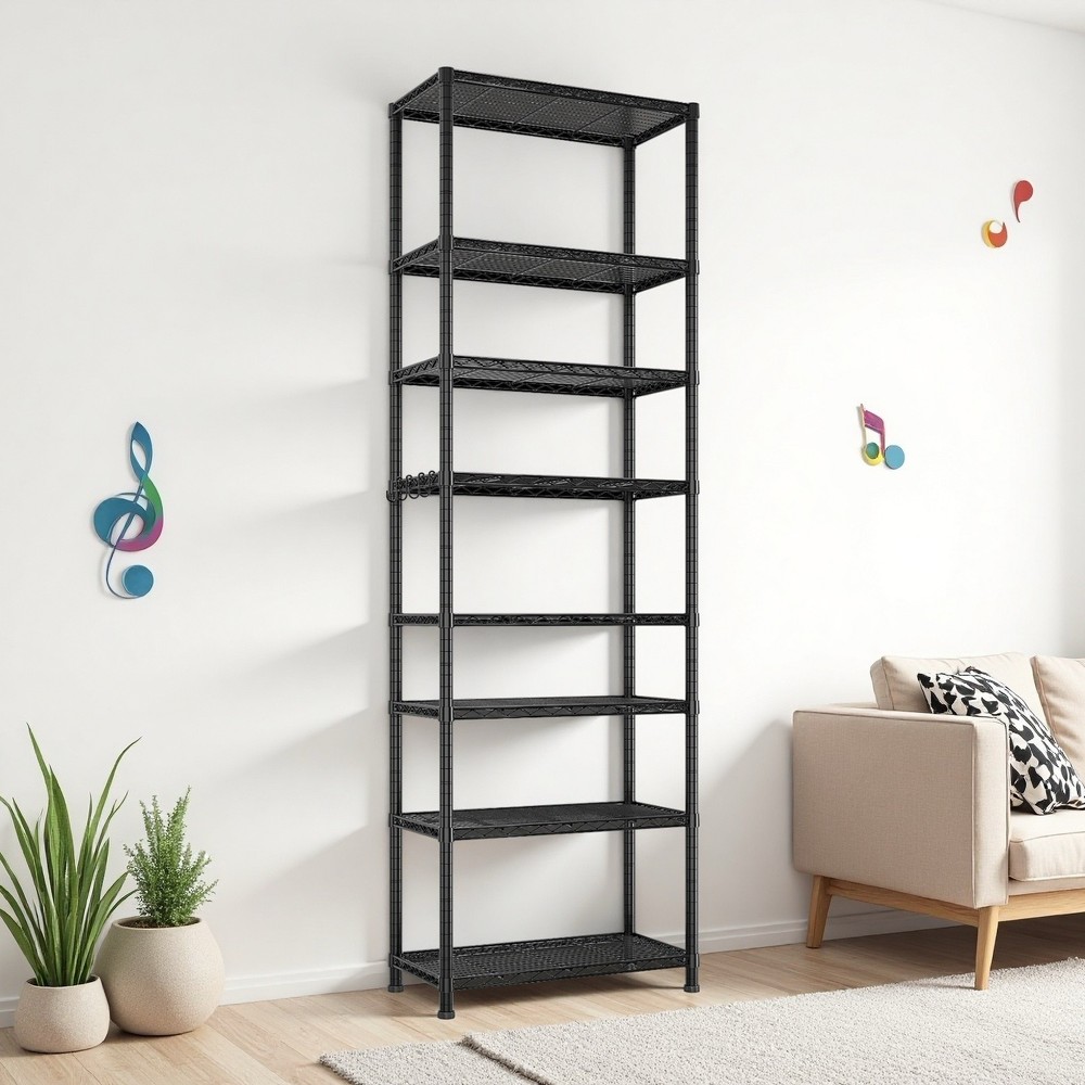 8-Tier Wire Shelving Unit - Heavy Duty, Adjustable, Hooks, Modular & Black