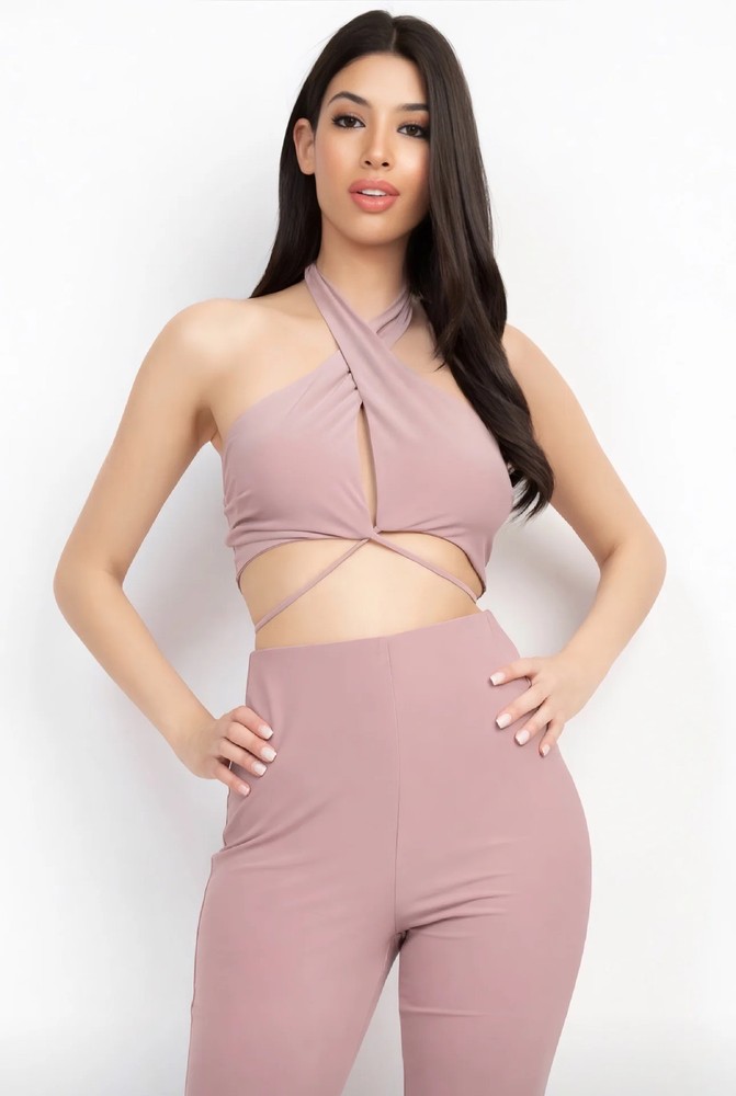 Solid Halter Top And Elastic Leggings Set