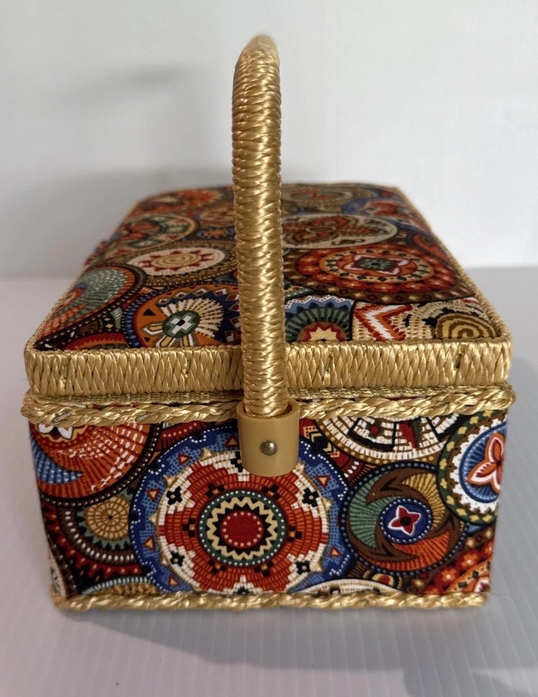 Sewing Basket Fabric Covered Rectangular Straps Handle Plastic Insert