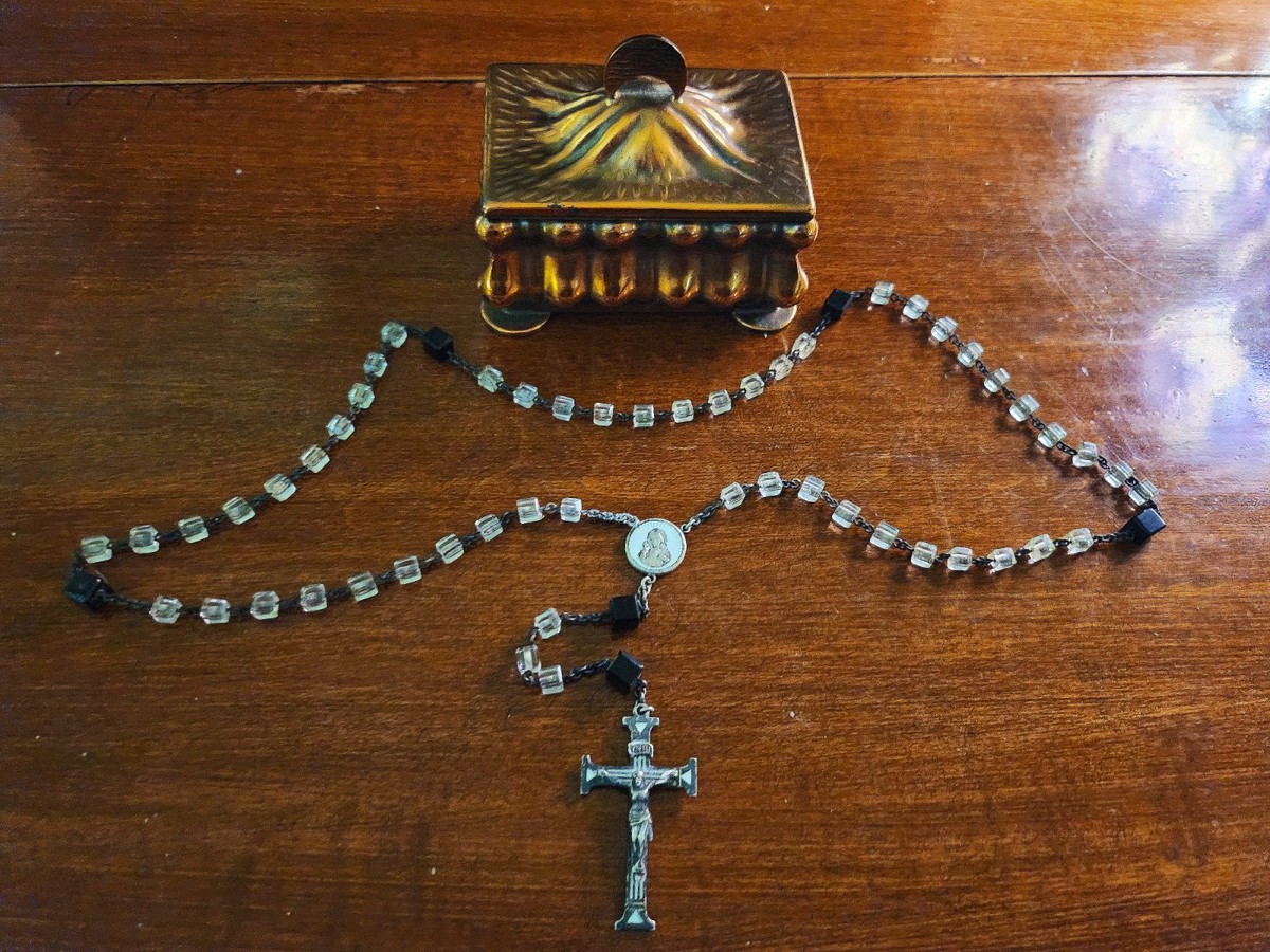 Antique Swift & Fisher Sterling Silver White Enamel Rosary & Vtg Art Nouveau Box