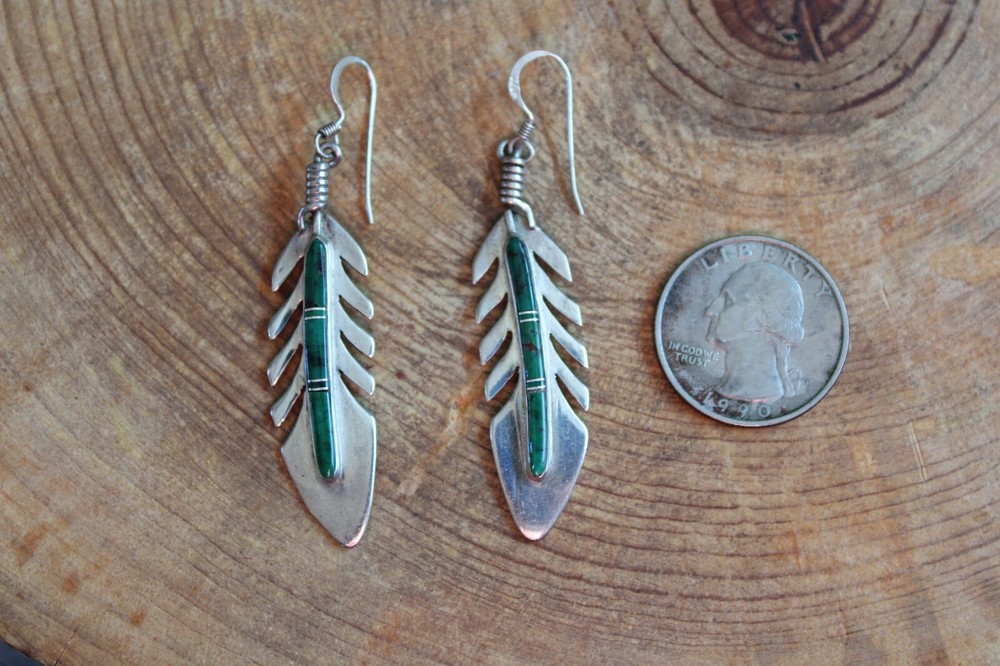 Malachite & Sterling Silver FEATHER Dangle Earrings Navajo