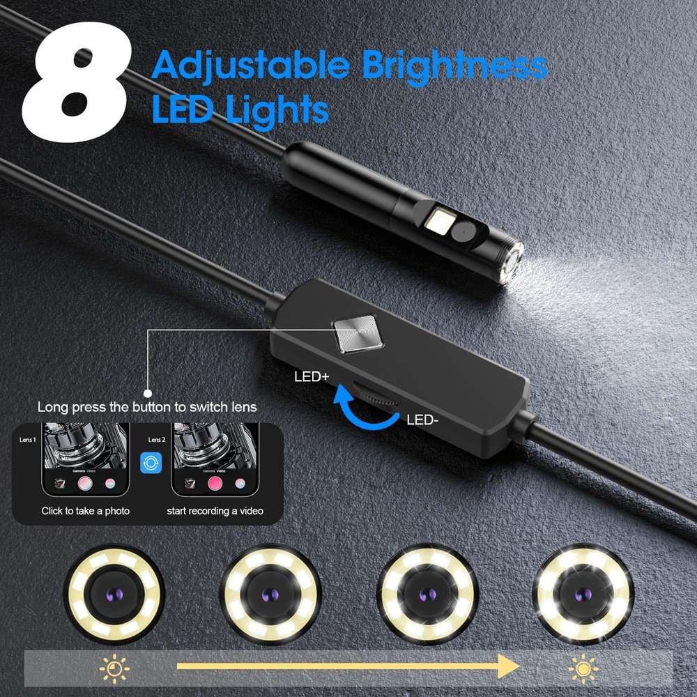Endoscope with Light, 1920P HD Borescope 8 Adjustable LED Lights, black