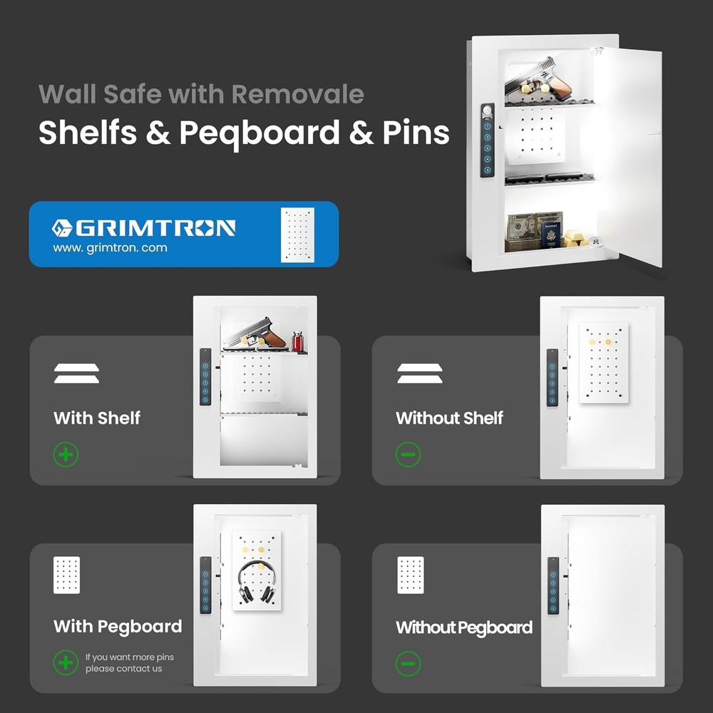 Quick Access Wall Safe with Removable Pegboard & Shelfs, Flat Hidden White Wall