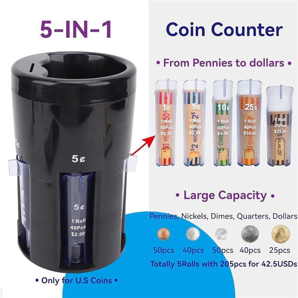 Automatic Coines Sorter, 5 in 1 Coines Counter with Coines Wrappers, Empty Pi...
