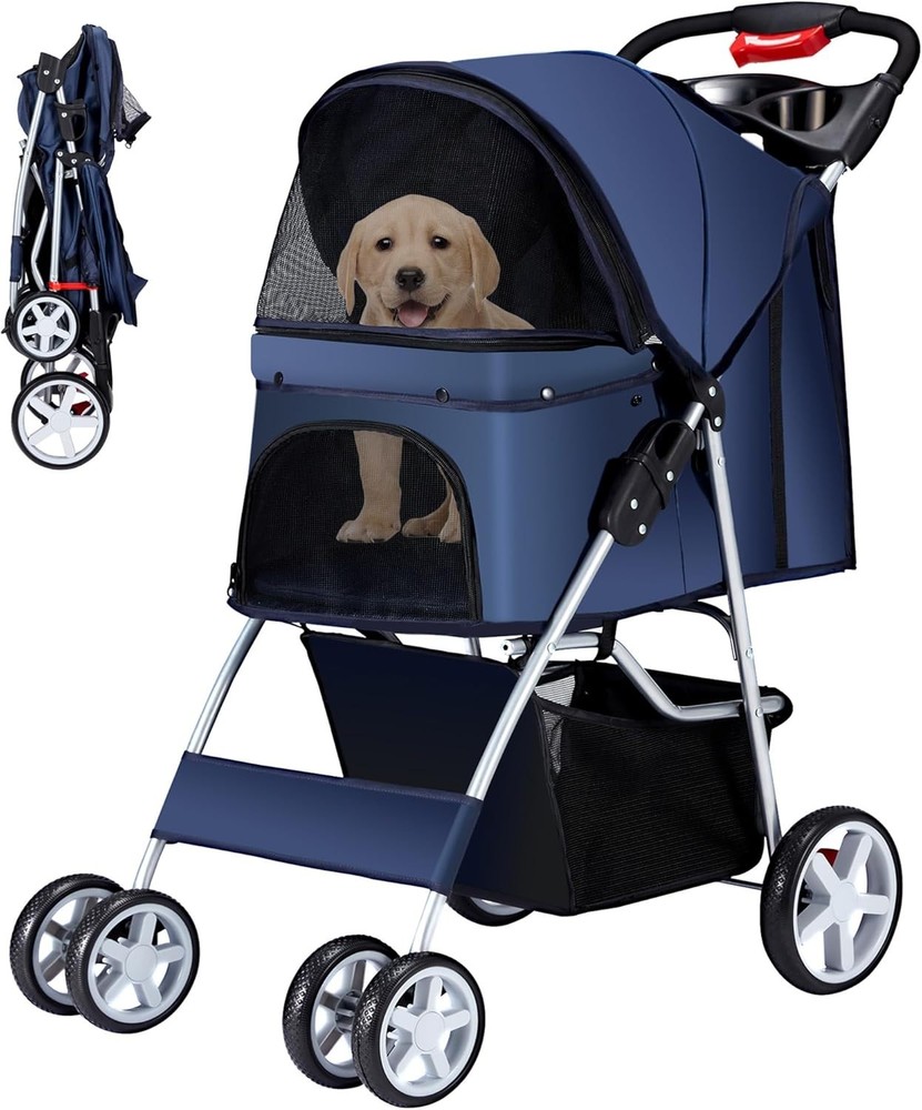 Foldable Pet Stroller with Cup Holder & Storage
