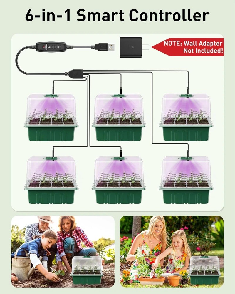6 Pack Seed Starter Kit, 72 Cells, Seed Starter Trays with Adjustable Grow Light