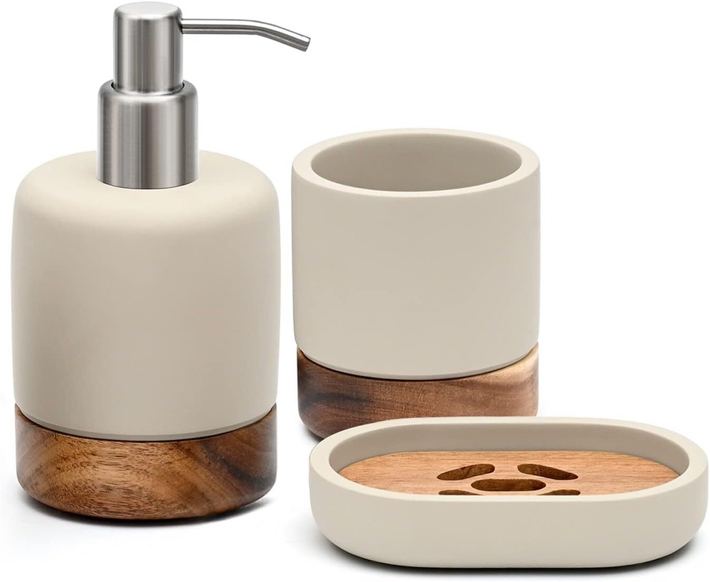 Bathroom Accessories Set 3 Piece Bath Ensemble Includes Gray and Natural Wood