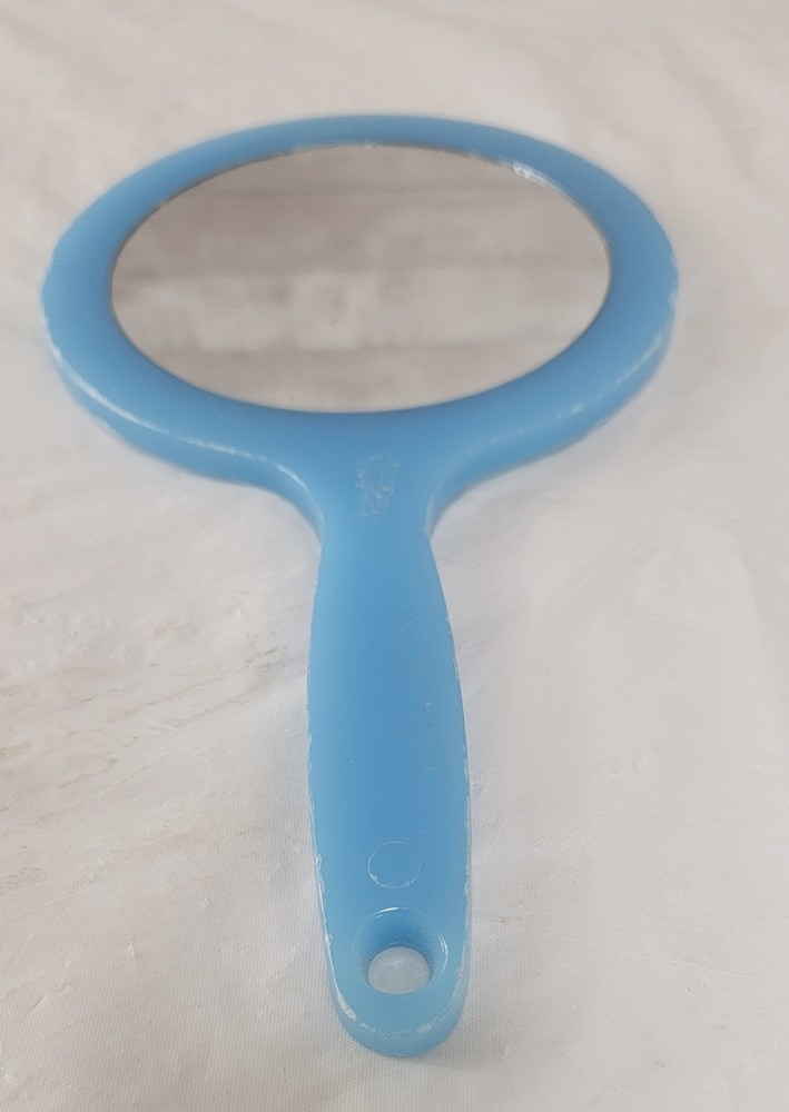 Vintage Light Blue Plastic Hand Mirror Double Sided Magnified