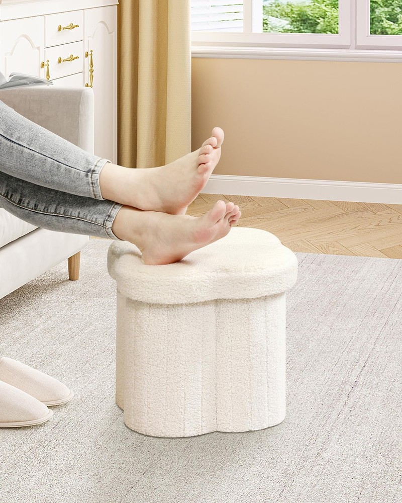 Teddy Fur Ottoman, Flower Shaped Storage Cube, Compact Footrest