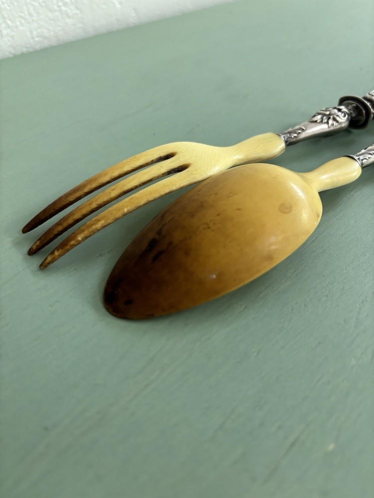 Antique silver And Horn salad Server fork and spoon (signed)