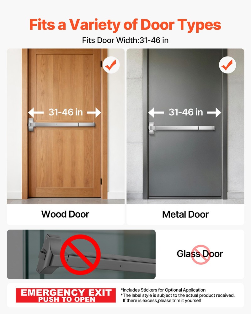 VEVOR Push Bar Panic Exit Device Panic Bar for Exit Doors 31" Dual Locking Bolt